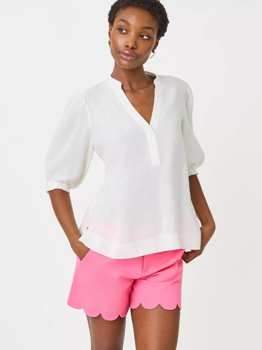 Lilly Pulitzer Mialeigh Elbow Sleeve 100% Linen Top Blouse White Size 12